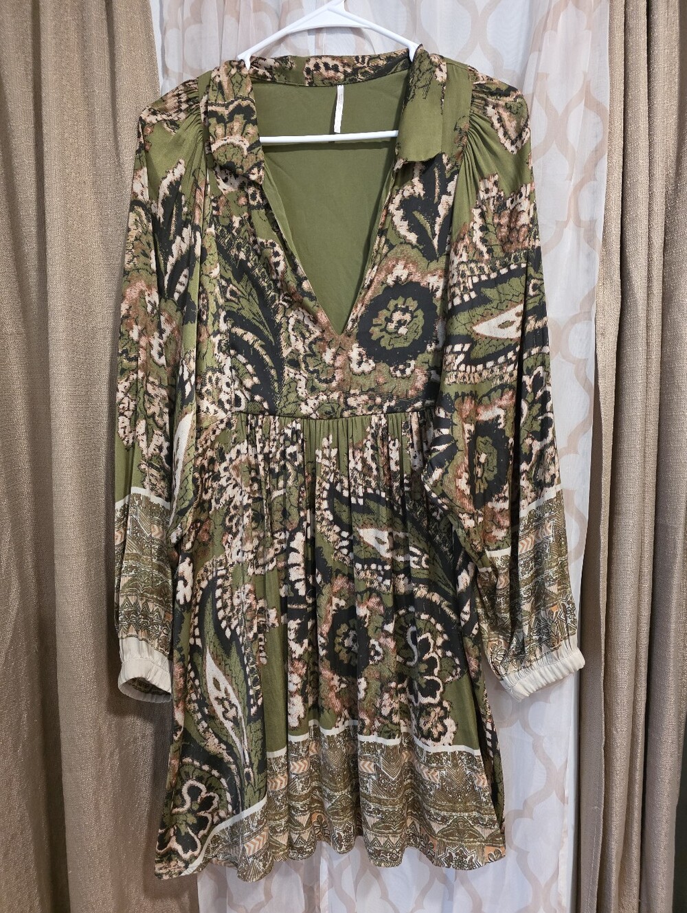 Free People Large Say You Love Me Mini Long Sleeve Dress Green